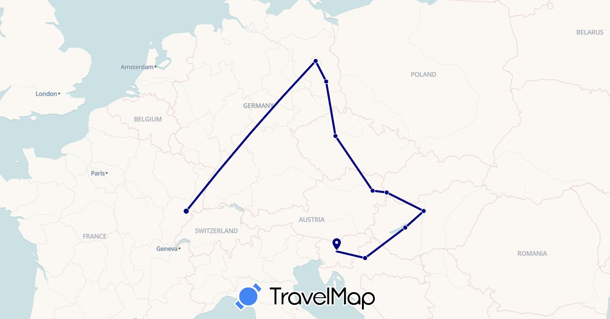 TravelMap itinerary: driving in Austria, Czech Republic, Germany, France, Croatia, Hungary, Slovenia, Slovakia (Europe)